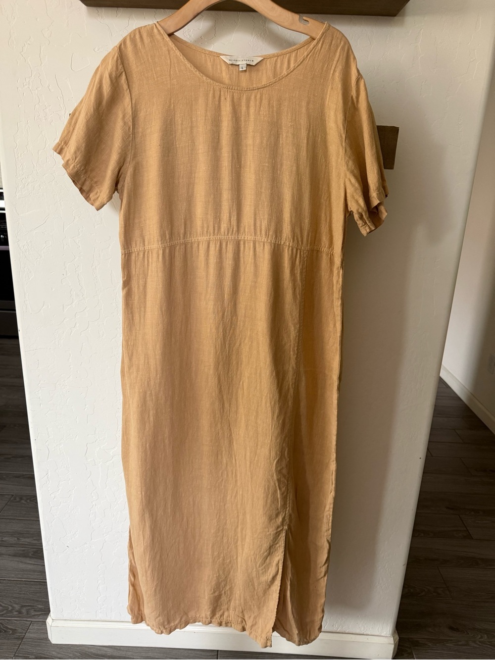Melrose Studio|100% Linen Tan Neutral Short-Sleeve maxi Dress•Made in USA/large